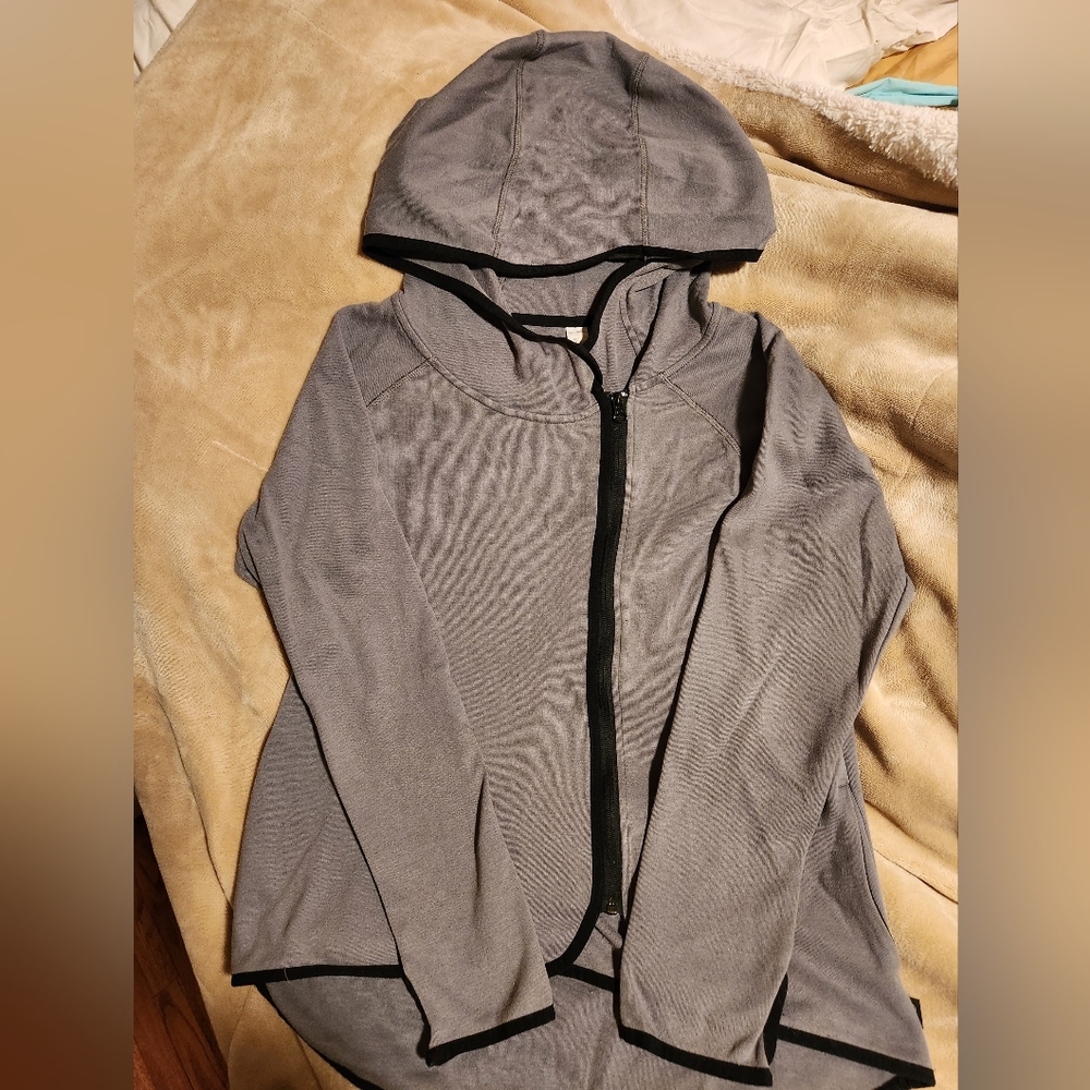Hooded zip warm up jacket, gray with black trim